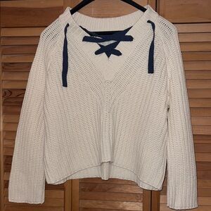Aerie Cream V-Neck Sweater with Navy Ties